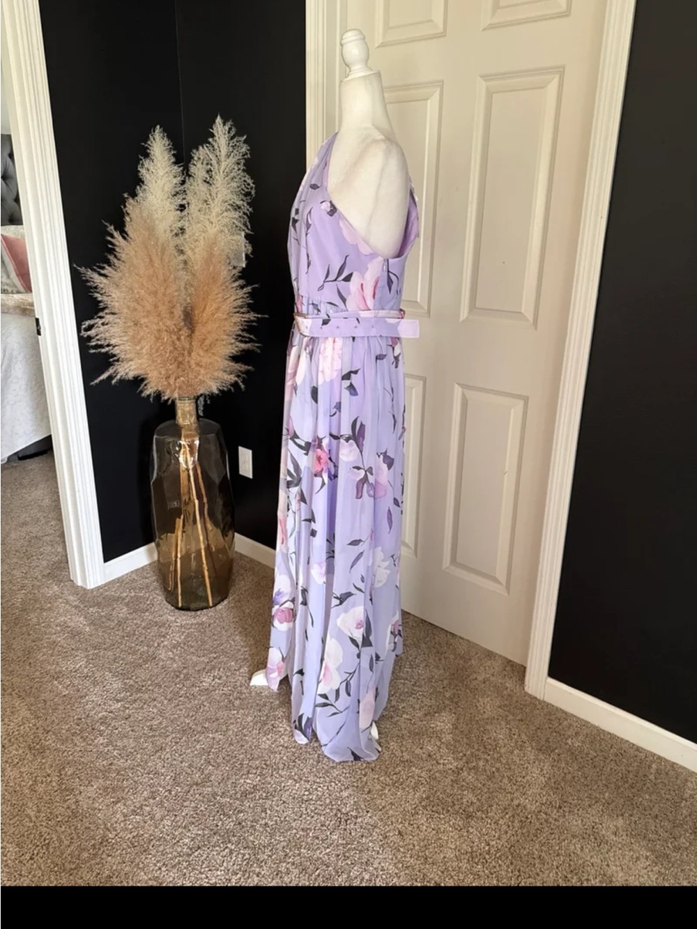 NWT FEHAUTE Ruched Slit Chiffon One Shoulder A-Line Gown Maxi Dress size 12/Lrg - Picture 7 of 12